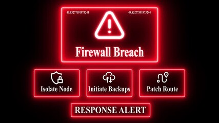 Firewall Breach response notification on digital interface in data center server room with isolate node initiate backup patch route options. glowing neon lights cybersecurity hacking Warning - Powered by Adobe