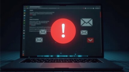 La pantalla de una computadora portátil muestra un ícono de advertencia de correo electrónico rojo prominente sobre un fondo gris oscuro, que simboliza un intento de phishing