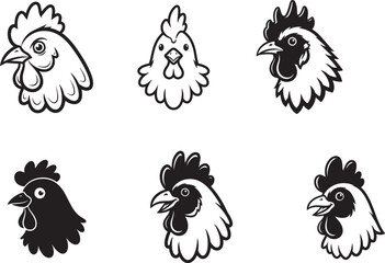 Naklejka premium Rooster heads black white illustrations chicken black and white