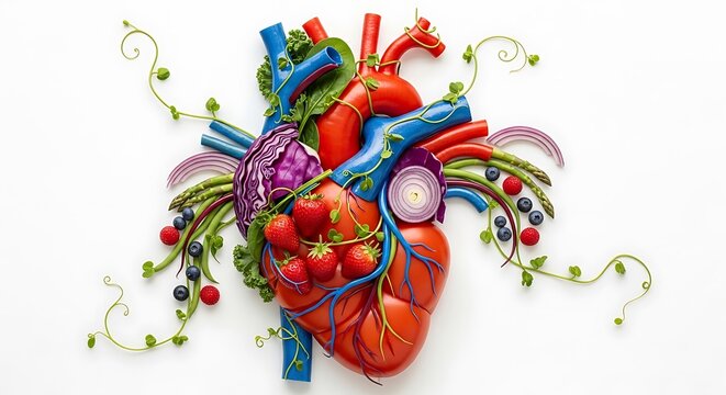 Healthy Heart Composed Of Fresh Organic Fruits And Vegetables For Cardiovascular Health Awareness