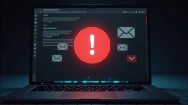 La pantalla de una computadora port&aacute;til muestra un &iacute;cono de advertencia de correo electr&oacute;nico rojo prominente sobre un fondo gris oscuro, que simboliza un intento de phishing