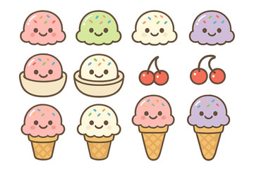 Set of pastel ice cream scoops cones bowls and cherries featuring smiling faces