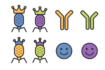 Stylized bacteriophage icons wearing crowns alongside antibody molecules and happy face symbols
