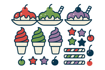 Colorful set of ice cream sundaes and soft serve cones with various toppings and decorations