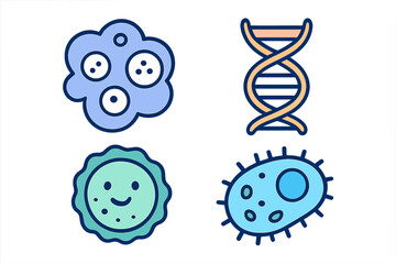 Colorful DNA helix and microorganism symbols representing microbiology and genetics