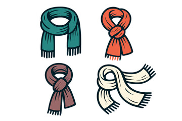 Assortment of cozy winter neck scarves in green orange brown and cream colors