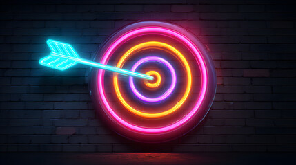 Neon target with arrow illuminated in vibrant colors against a dark brick wall backdrop