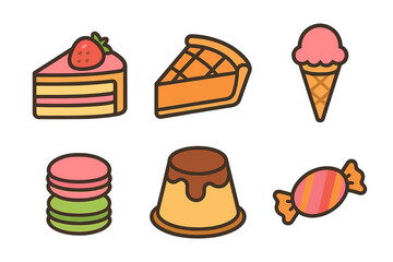 Set of sweet dessert icons including cake, pie, ice cream, macaron, pudding, and candy