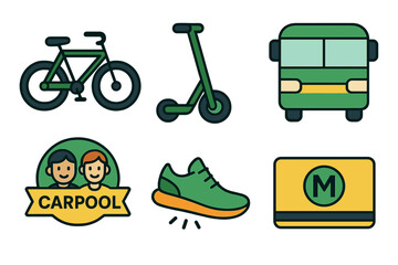 Sustainable urban mobility options featuring bicycle scooter bus carpool and transit pass symbols
