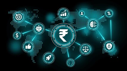 Global Financial Technology Network with Indian Rupee Symbol and Icons finance currency - Powered by Adobe