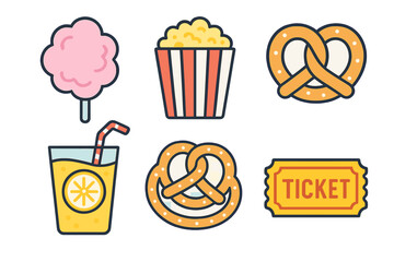 Classic fairground food and entertainment items including cotton candy, pretzels, lemonade, and event ticket