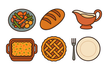 Traditional holiday dinner elements including roasted vegetables bread gravy casserole pie and tableware