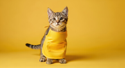 Adorable Kitten in a Yellow Apron A Charming Feline Friend Posing Against a Bright Background Showcasing its Playful Personality and Cute Appearance