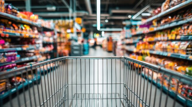 A shopping cart stands empty waiting in the aisle of a bustling supermarket filled with colorful products.