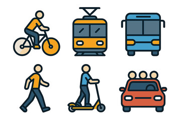Set of colorful icons depicting different modes of urban transport including cycling, walking, tram, bus, car, and scooter