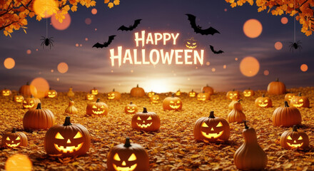 Autumnal Scene with Jack-o'-Lanterns in a Field at Dusk, Featuring Bats Flying Under a Glowing Sky and the Words 'Happy Halloween' in a Festive Display