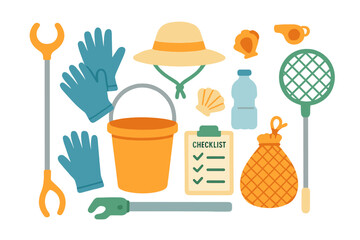 Essential equipment set for environmental cleanup and nature exploration activities