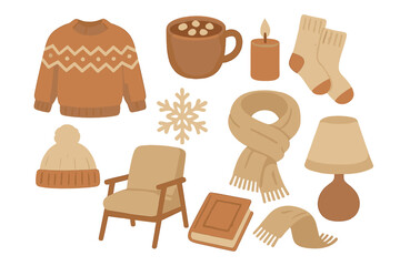 Cozy winter essentials set with knitted sweater, hot chocolate mug, scarf, and armchair