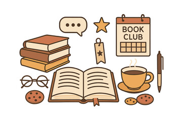 Cozy reading set with stacked books, open novel, hot coffee, and book club calendar