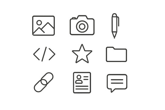 Minimalist outline icons for web and mobile applications including camera, image, link, and profile