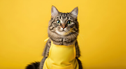 Adorable Tabby Cat Wearing a Yellow Apron Against a Bright Yellow Background Showcasing Domestic Animals and Pet Clothing in a Studio Setting