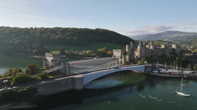 Conwy Castle over River Convy from a drone, Convy, North Wales, England