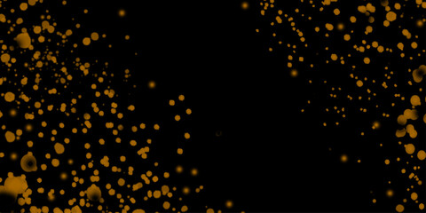Abstract background with gold glitter on black, gold paint splatter on a black  elegant decoration for celebrations, with falling confetti and light effects, Defocused lights with a beam of light.