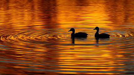 Two ducks swimming gracefully on a shimmering lake reflecting golden sunset hues
