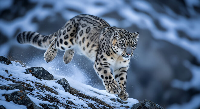 Snow Leopard Leaping in Snowy Mountain Landscape - Powered by Adobe