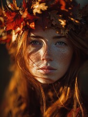 ultra-realistic cinematic portrait of a young woman with autumn leaves crown: perfect for enriching sports interiors or nature-inspired decor with warm, serene lighting