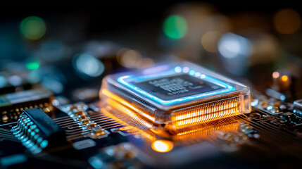Futuristic CPU processor with glowing blue and orange circuit pathways no faces visible central processing unit computer chip semiconductor design electronic core processing