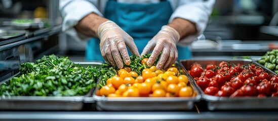 Chef preparing fresh vegetables in a commercial kitchen.
