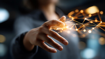 Hands reaching toward glowing digital transformation concept with network overlay faces not visible digital transform tech evolution innovation reach digital change transform