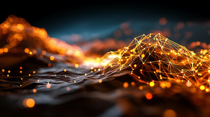 Three dimensional wave landscape with connected particle dots forming digital terrain no people visible 3D data visualization cyber landscape digital topology network surface