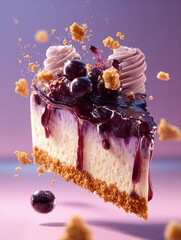 ultra realistic macro photo of blueberry cheesecake slice: perfect for sporty interior posters, showcasing glossy toppings, cream swirls, and bursting berry juice in cinematic lighting!
