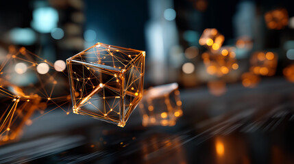 Abstract geometric cubes floating in digital space with connection lines no people visible floating cubes 3D geometry digital cubes spatial geometry cubic network