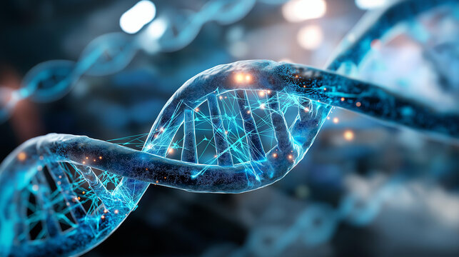 Abstract DNA helix structure integrated with digital technology network patterns no faces visible DNA tech genetic digital biotech helix digital biology genetic network