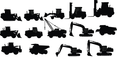 Construction equipment silhouettes, bulldozer, excavator, dump truck, crane, forklift, backhoe loader, heavy machinery, industrial vehicle, building site, engineering tools © NAIMUR