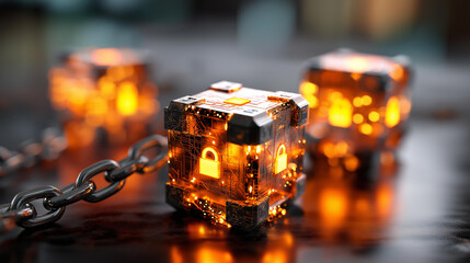 Three dimensional blockchain cubes with cryptographic connections and security locks no people visible secure blockchain encrypted blocks crypto security digital vault ledger