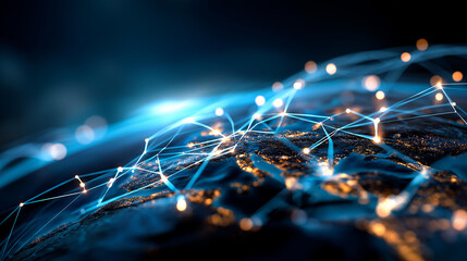 Connected glowing dots forming global network grid on dark background no people visible worldwide connectivity internet infrastructure data exchange network topology cyber