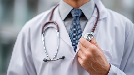 A healthcare worker stands outside adjusting a stethoscope while wearing a tie and coat.