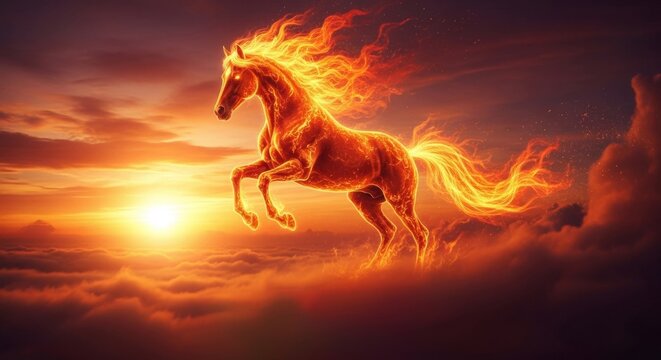 Fiery horse leaping in dramatic sunset sky with 2026 calendar