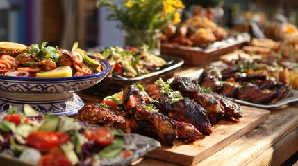 Crowd enjoying a vibrant outdoor feast featuring grilled chicken fresh salads and colorful dishes.
