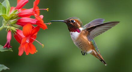 Rufous Hummingbird Drinking Nectar from Red Flowers