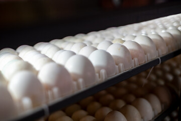 Close up of duck eggs in an incubator, arranged neatly on trays for hatching process. Concept of...