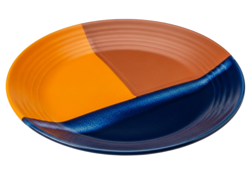 A colorful divided plate with orange, brown, and blue sections, isolated on transparent background