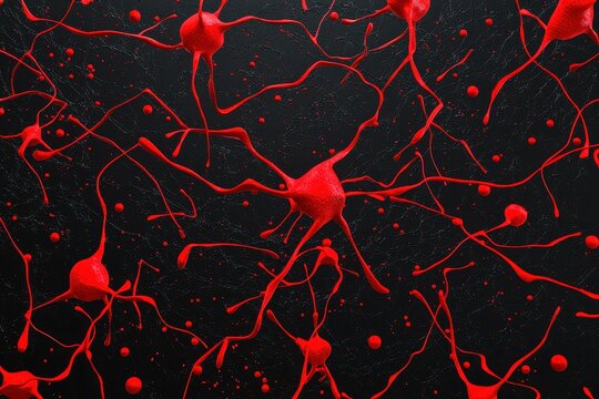 Close up view of abstract red neuron cells with dendrites on a textured black background