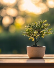 Fototapeta premium Small green bonsai tree in speckled pot on wooden table with bokeh background