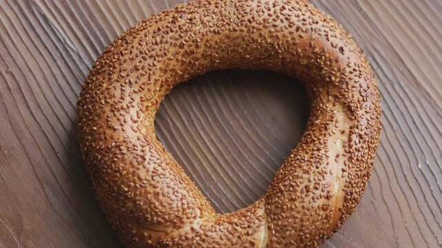 Close-Up of Turkish Street Simit bagel on a Table
