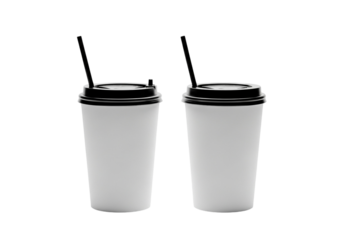 Two white disposable coffee cups with black lids and straws, isolated on transparent background